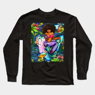 Mermaid with full afro checking her phone ii with Koi fish in koi pond with plants and flowers Long Sleeve T-Shirt